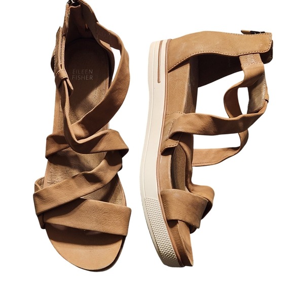 Eileen Fisher Women Tan Leather Strappy Wedge Sandals Size 9 - Picture 6 of 13